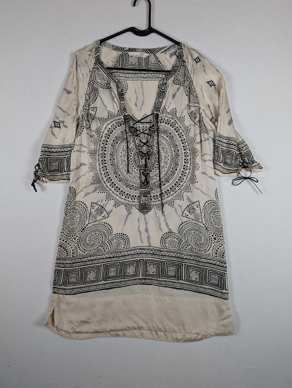 Odd Molly Bohemian Lace-Up Tunic Dress in Cream with Black Print Tie